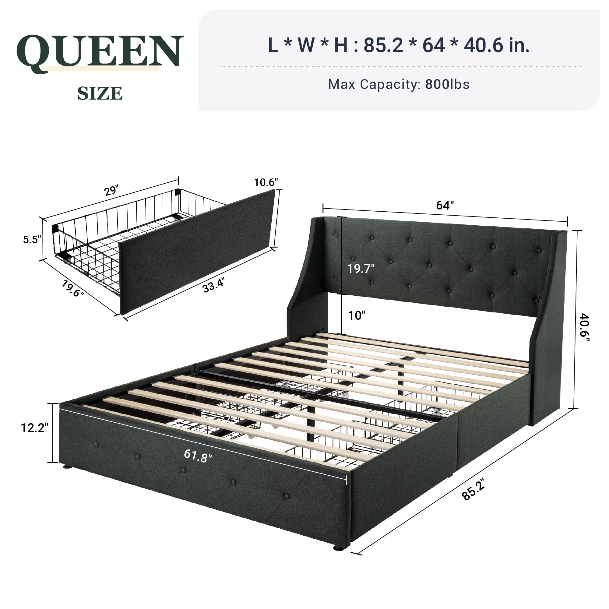 Amolife Queen Size Upholstered Platform Bed Frame with 4 Storage Drawers & Fabric Tufted Wingback Headboard, Dark Gray