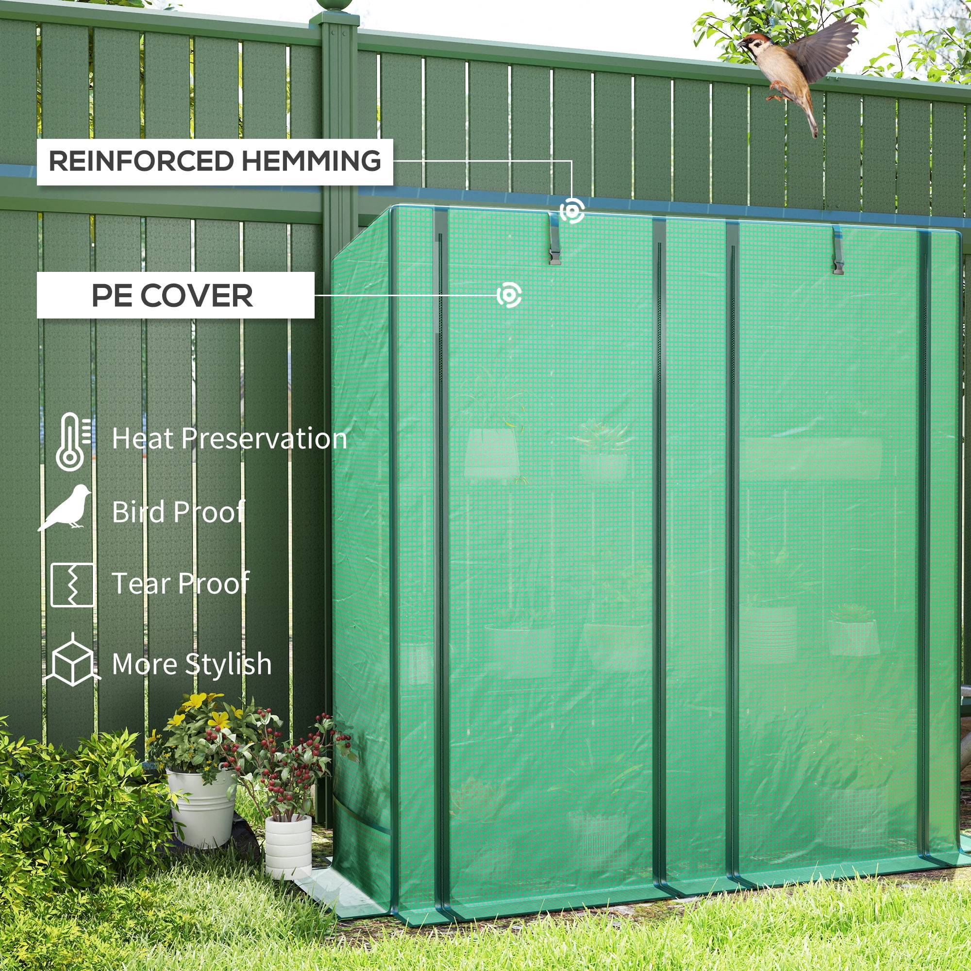 Outsunny 3 Tire Lean-to Greenhouse, Portable Small Greenhouse with PE Cover, 2 Roll-Up Zippered Doors, Green