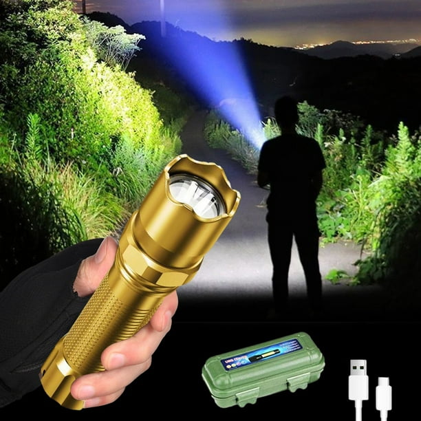 Outdoor LED Flashlight 100,000 Lumens Super Bright Rechargeable | Telescopic Zoom | 3 Modes | IPX8 Waterproof | Aluminum Alloy Durable Torch | 800mAh Battery | 10.5x2.5cm | Gold