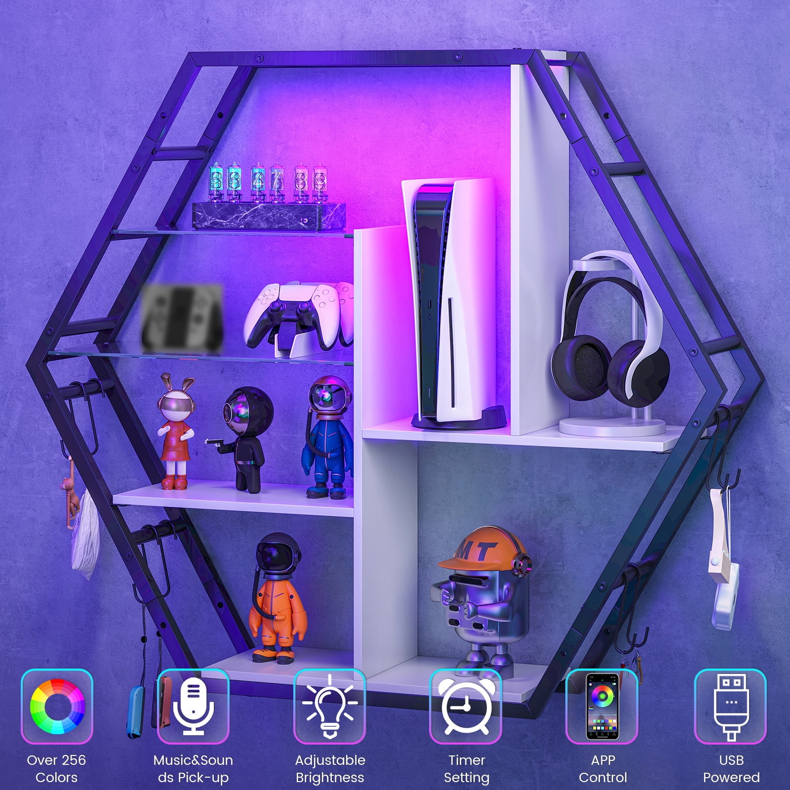 ModFurne LED Wall Shelves - Lighted Display Shelves With Extra Hooks For Gaming Rooms & Bars. Modern White Floating Shelves With Built-In LED Lighting.