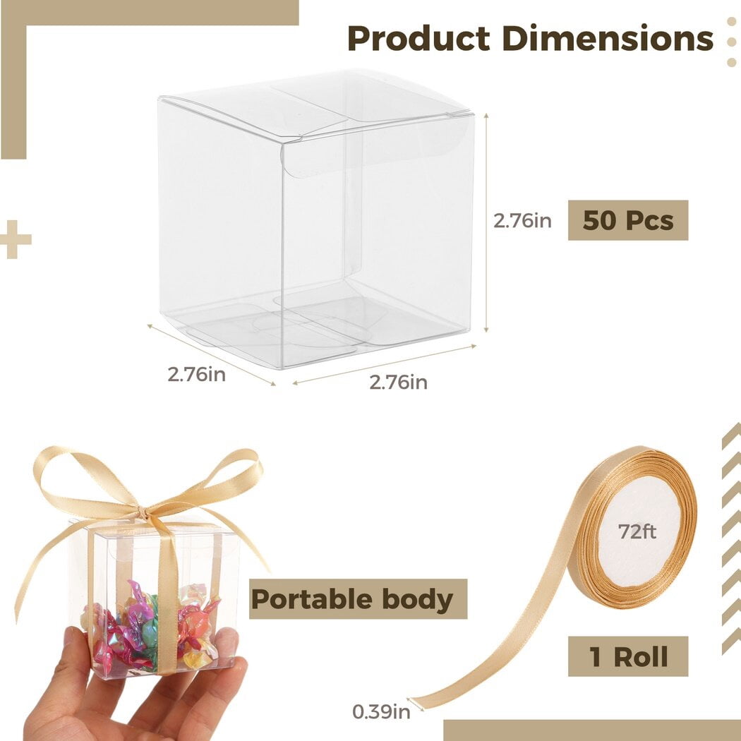 KUPOO 50pcs Clear Favor Boxes - 2.76 Inch Cube Plastic Gift Boxes With Lids & Ribbons For Wedding, Party Favors & Candy
