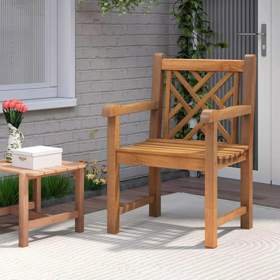 Auranook Teak Wood Patio Dining Chair, Outdoor Armchair with Slatted Seat & Solid Legs