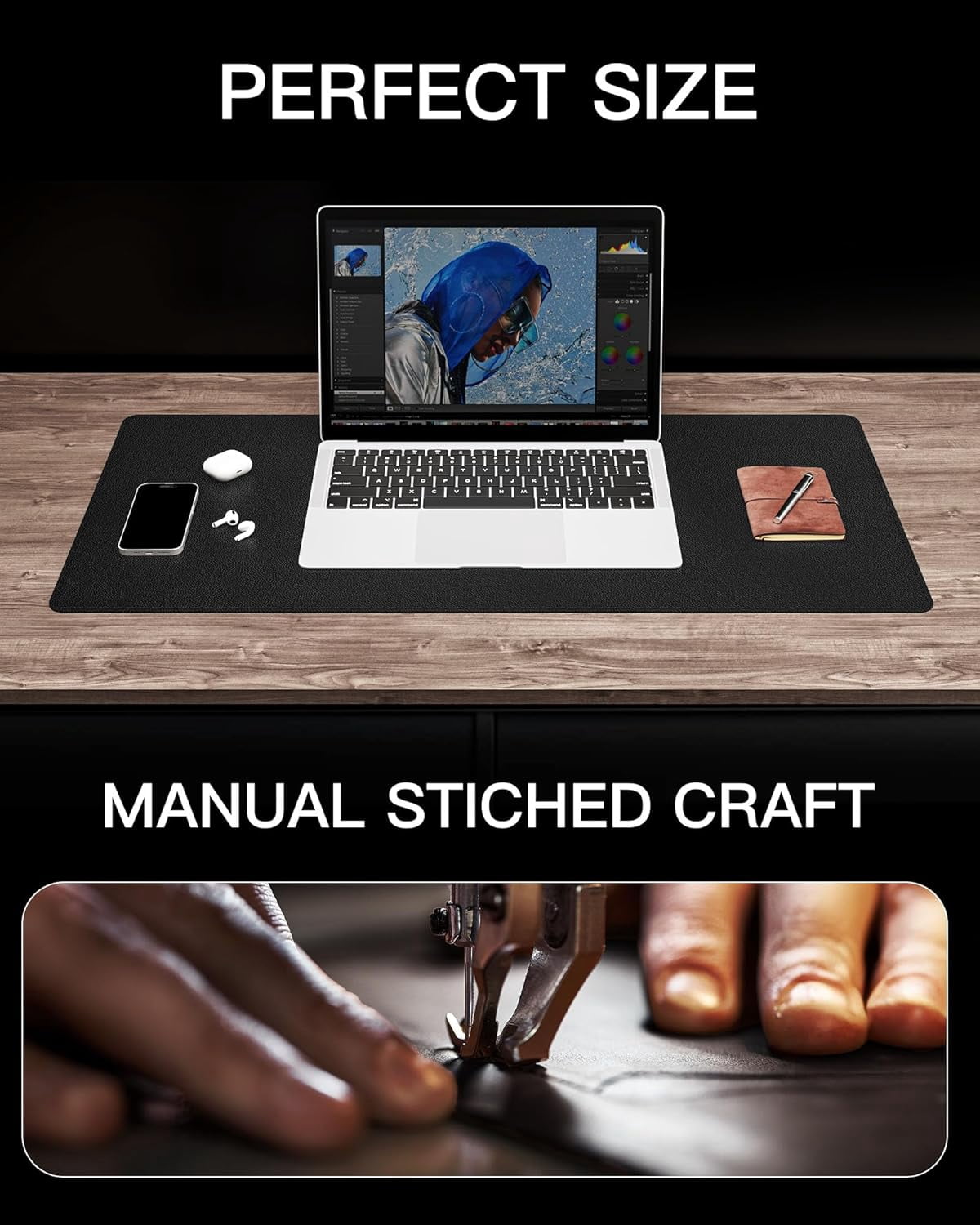 Genuine Leather Desk Mat, 35.4"X17" Leather Desk Mat, Office Desk Pad, Thick Desk Pad with Stitched Line, Non-Slip Laptop Writing Pad with Rubber Base(Black, 35.4"X17")