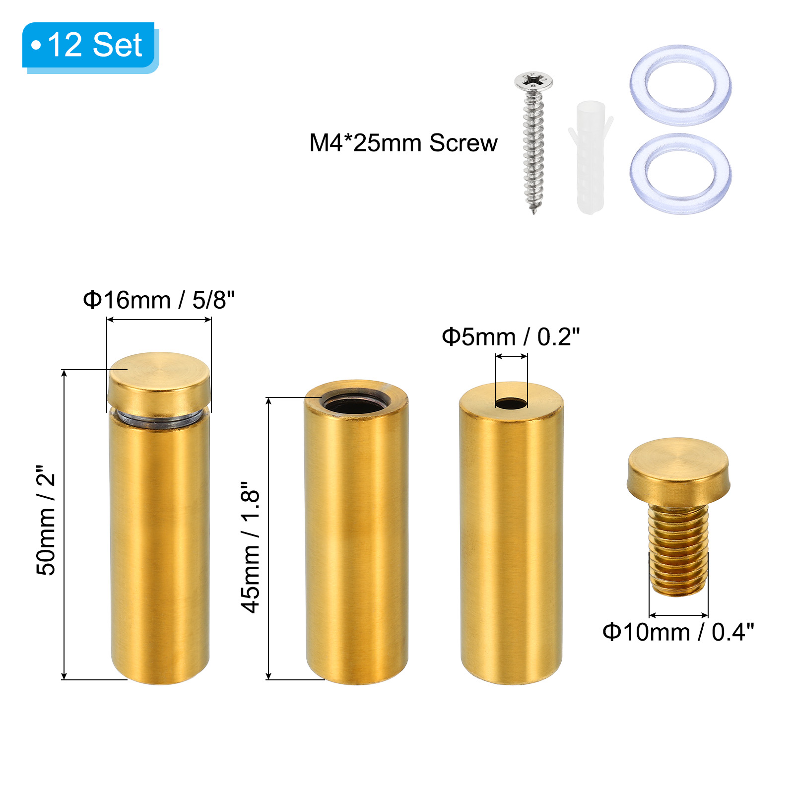 Uxcell 5/8 x 2 Inch Sign Standoff Screws, 12 Set Stainless Steel Wall Standoff, Gold