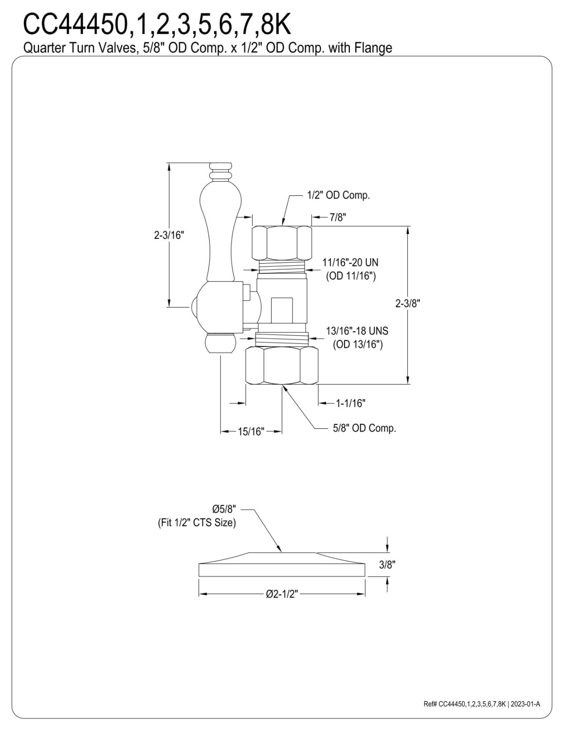 Kingston Brass CC44457K 5/8" OD Comp x 1/2" OD Comp Quarter-Turn Straight Stop Valve with Flange, Brushed Brass
