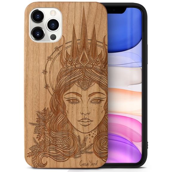 Case Yard Wooden Case Outside Soft TPU Silicone Slim Fit Shockproof Wood Protective Phone Cover for Girls Boys Men and Women Supports Wireless Charging Northern Queen Design case for iPhone-12-Pro-Max