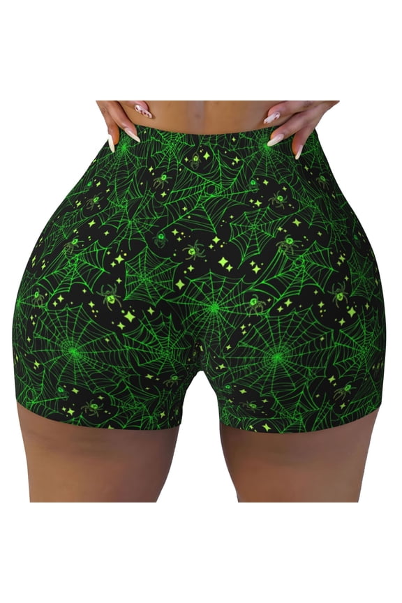 Green Bright Web with Spiders Print Workout Shorts for Women Seamless Soft Smooth Gym Yoga Scrunch Active Shorts