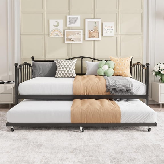Memoryfield Twin Daybed with Trundle, Metal Sofa Bed Frame with Steel Slat Support, for Living Room, Bedroom, No Box Spring Needed, Black