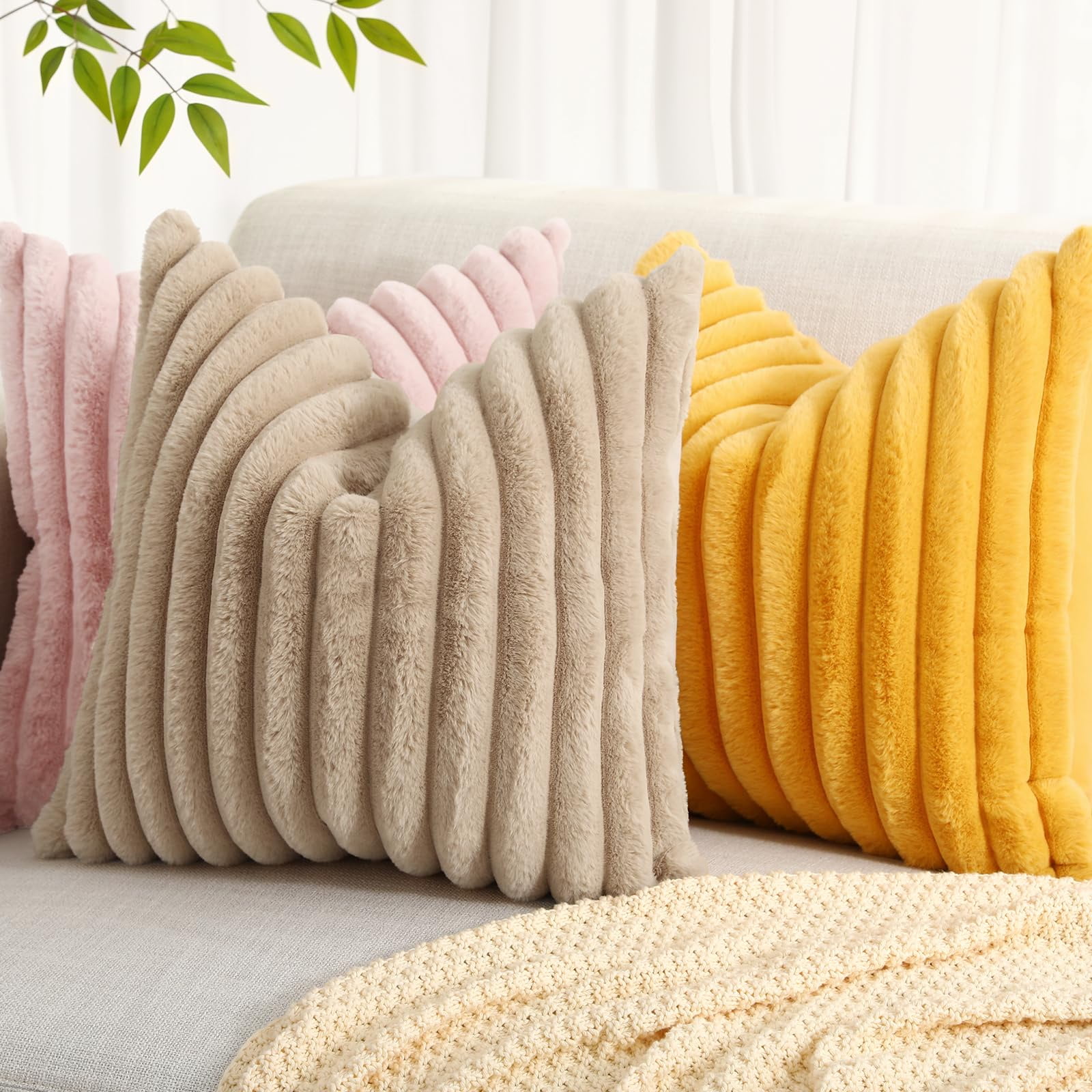 decorUhome Pack of 2 Faux Fur Plush Throw Pillow Covers 12x20, Soft Fluffy Striped Decorative Couch Pillow Covers , Blush Pink
