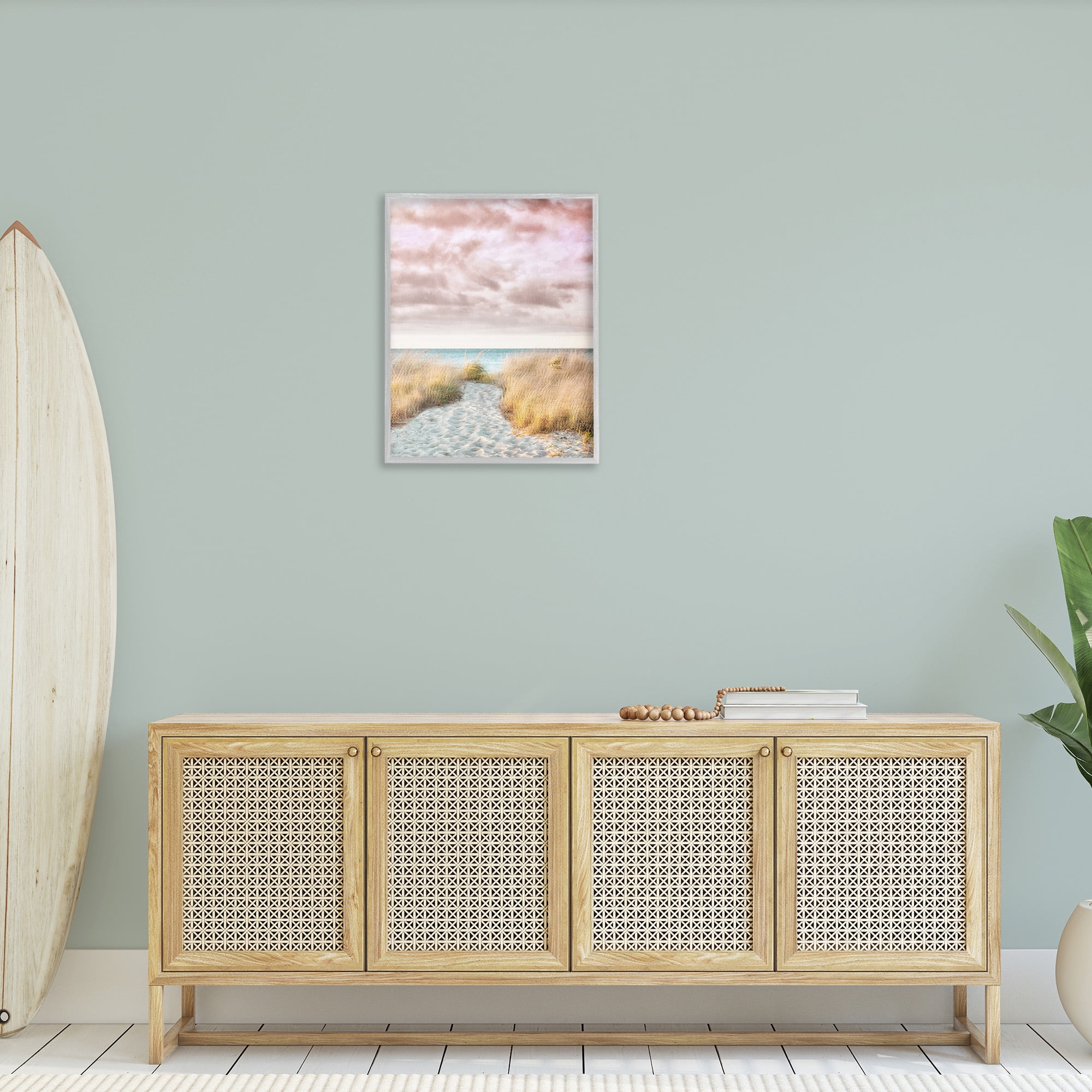 Stupell Industries Beach Path with Pink Sky Landscape Photography Gray Framed Art Print Wall Art, 24 x 30