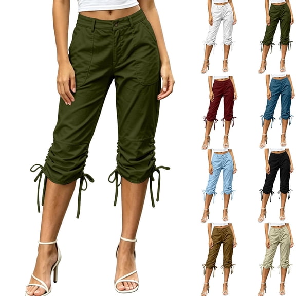 Hfnxid Women's Cargo Capris High Waisted Tie Side Capris Comfort Lightweight Cropped Trousers Casual Outdoor Pant with Pockets Red XL