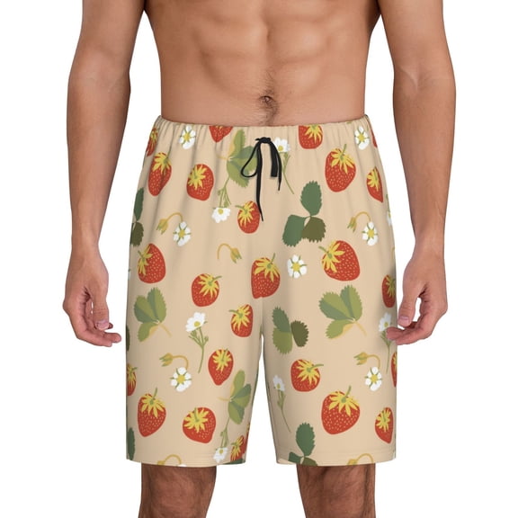 Tideii Floral Strawberr Print Men's Short Pajama Pants, Elastic Pocket Summer Pajama Pants Sleepwear, Lounge Pants-Small
