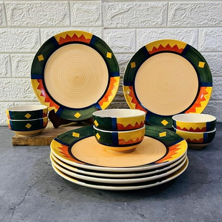 Boho Fiesta Hand Painted Ceramic Dinner Set - 12 Pieces | 6 Dinner Plates + 6 Katori Serving Bowls, 180ml Each Dinnerware Set | Serving For 6, Microwave Safe & Dishwasher Safe