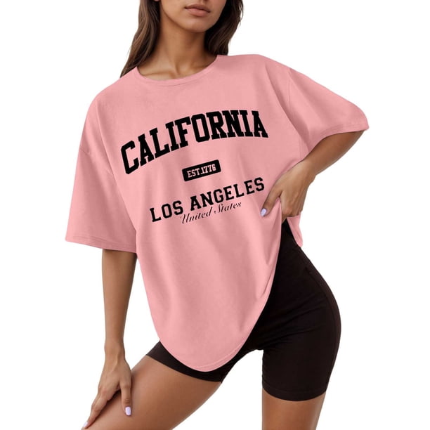 Camiseta holgada de manga corta y cuello redondo con estampado informal para mujer