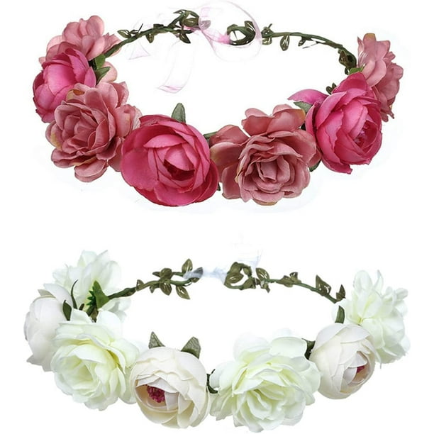 Corona de Flores para Boda 2 Piezas, Diadema para niñas Accesorio para Banda para el Cabello Guirnalda de Cabeza Floral para Boda Corona de Flores de Playa, Cinta de Viaje para Fiesta Diadema para el Cabello de Boda ER