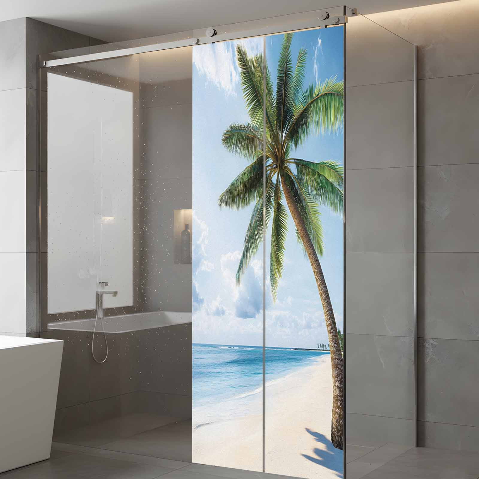 Ocean Beach Window Privacy Film, Coconut Tree Blue Sky Frosted Glass Window Clings Static Cling UV Heat Blocking Reusable Door Sticker for Bathroom 23.6 x 59 Inch