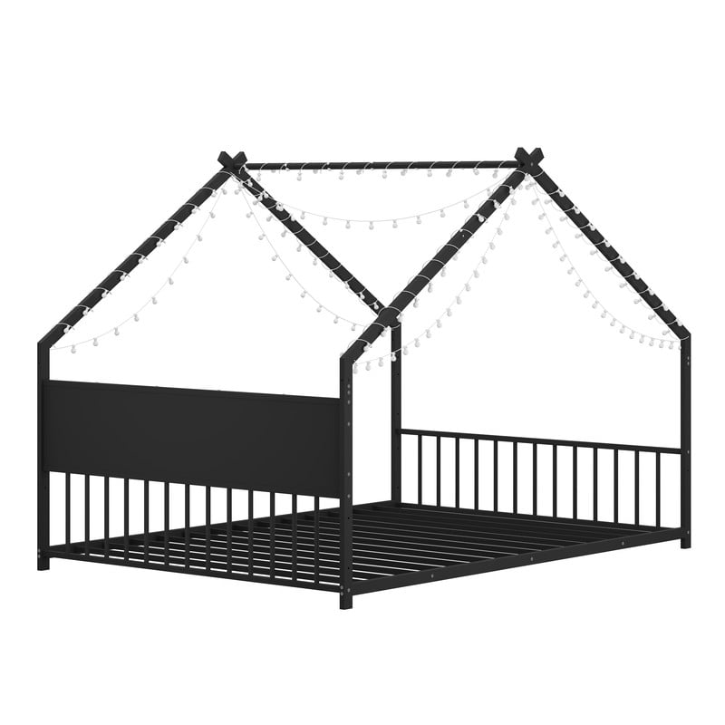 Full Size Montessori Bed with LED Light Strips, Metal Floor Bed with Headboard and Footboard, Full House Bed Frame with Slats Support（Black)