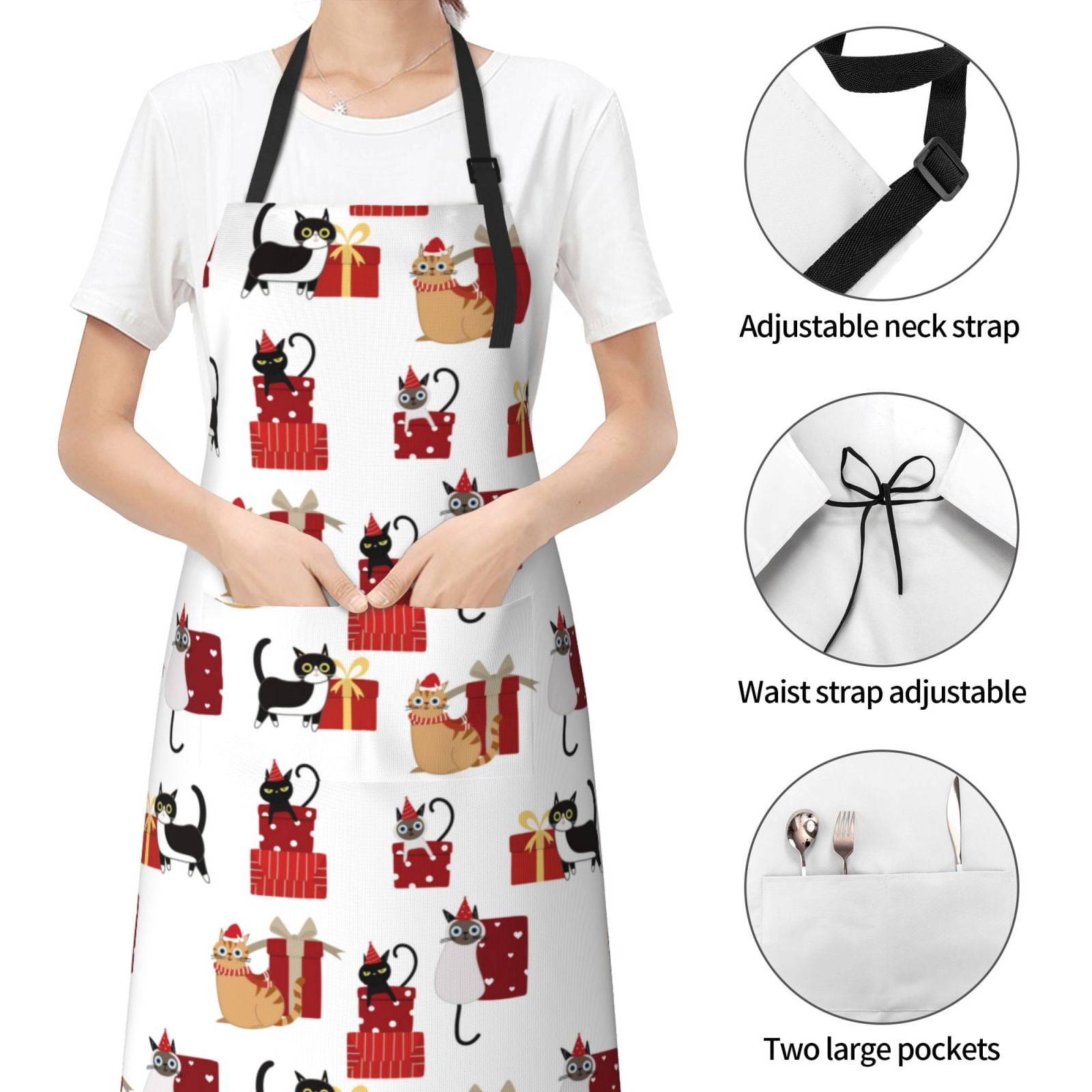Kdxio Cute Cat And Christmas Gift Apron with Pockets Adjustable Kitchen Aprons for Men Women Waterproof Aprons for Cooking,Drawing,Crafting, Baking Household Cleaning