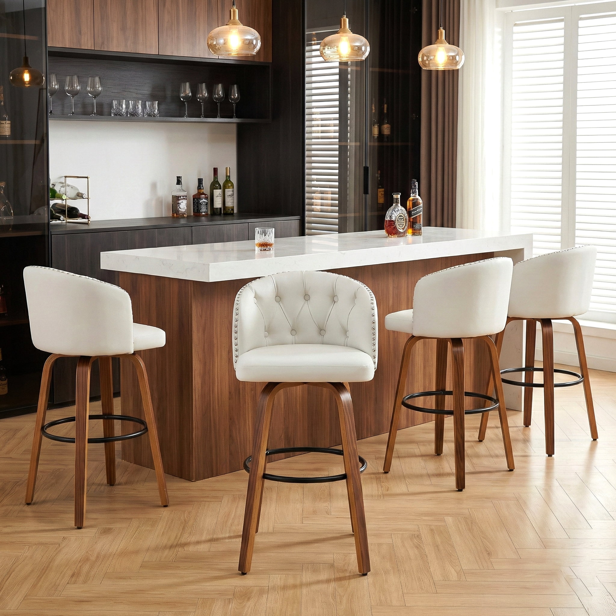 Fahomiss 26" Swivel Counter Height Bar Stools Set of 4, White Leather Farmhouse Kitchen Stools