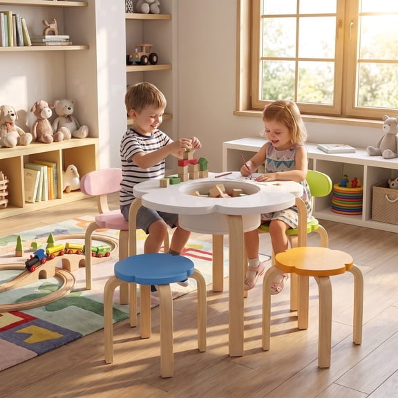 Furnibear 5-Piece Flower-Shaped Kids Table and Chair Set with Hidden Storage, 2 Chairs and 2 Stools for Playroom, Multicolor
