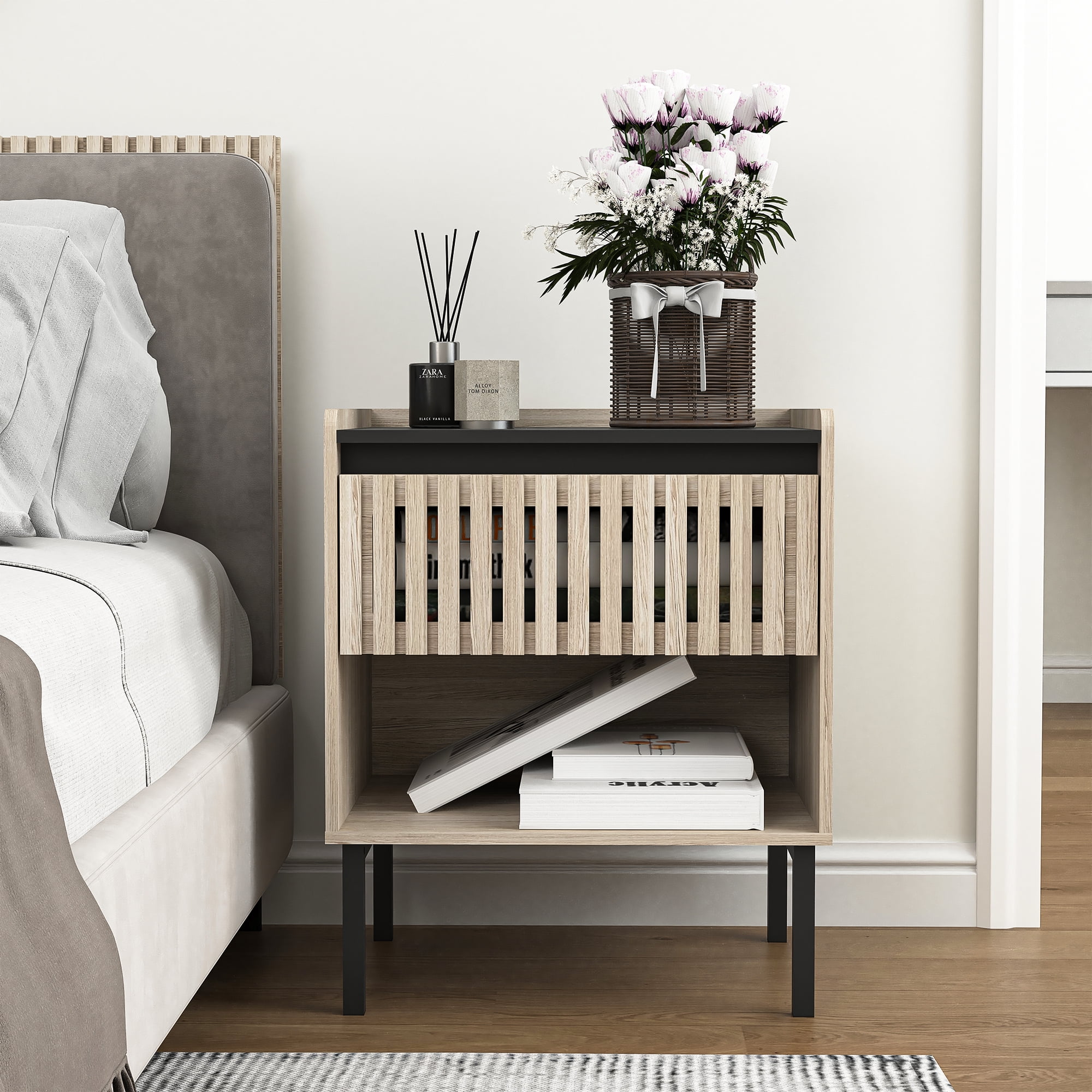 Demi Bonn Set of 2 Modern Nightstand with Minimalist Iron Foot Design, Vertical Stripe Elements, Bedside Cabinets for Contemporary Homes, Beige