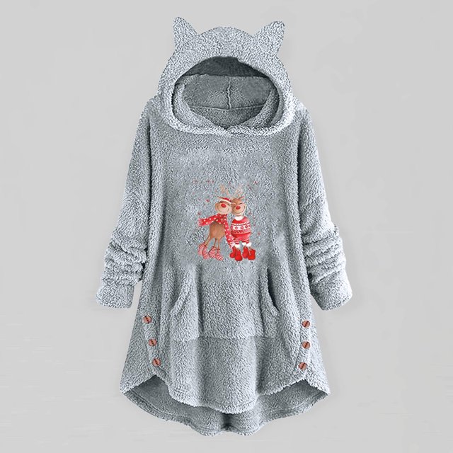 Pntutb Mujer Casual Navidad Impresión Felpa Botones Manga Larga Con Capucha Felpa Abrigo top Selecciones Flash Pntutb Pntutb-5438
