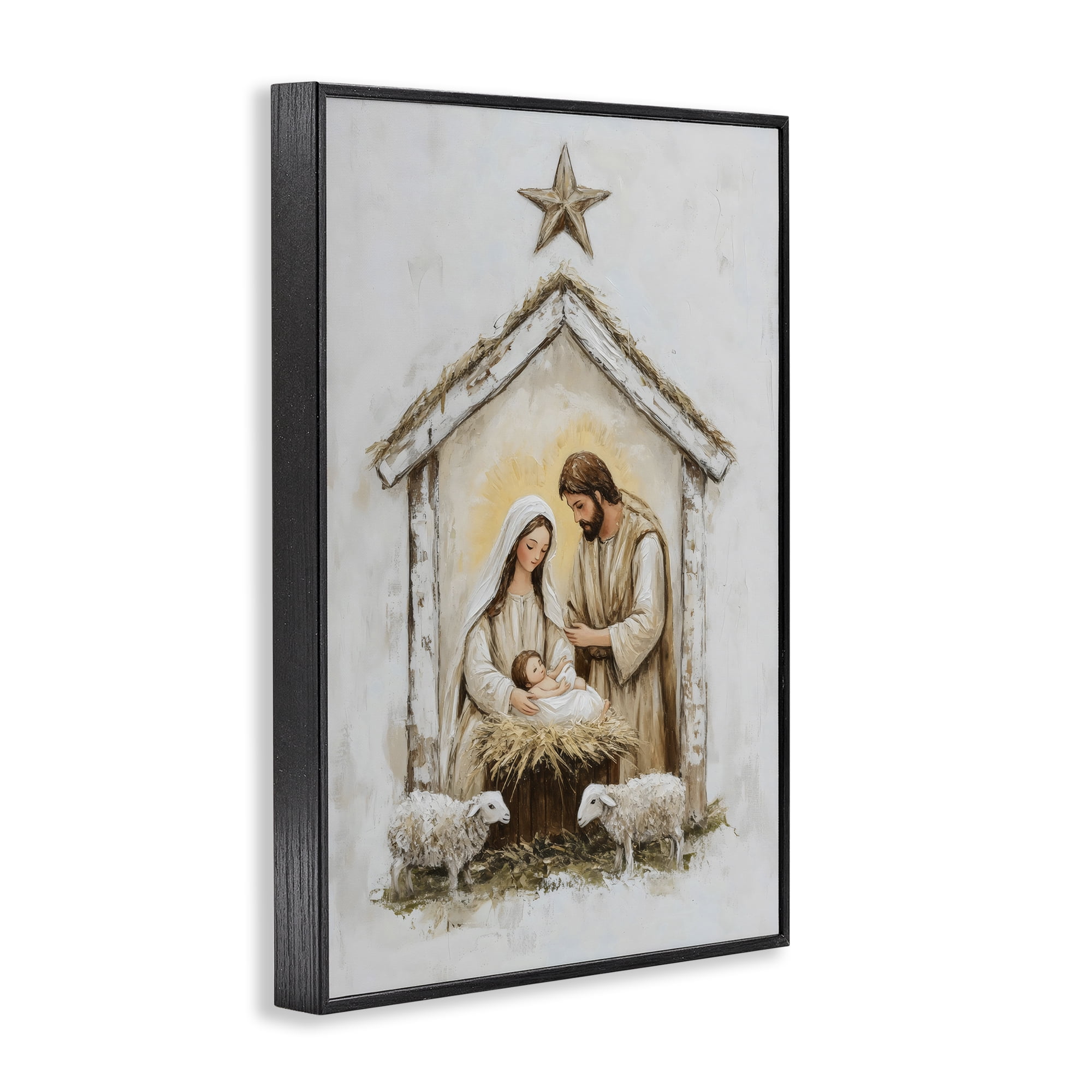 Little Lambs & Nativity Black Framed Giclee Art, design by Petal Prints Design
