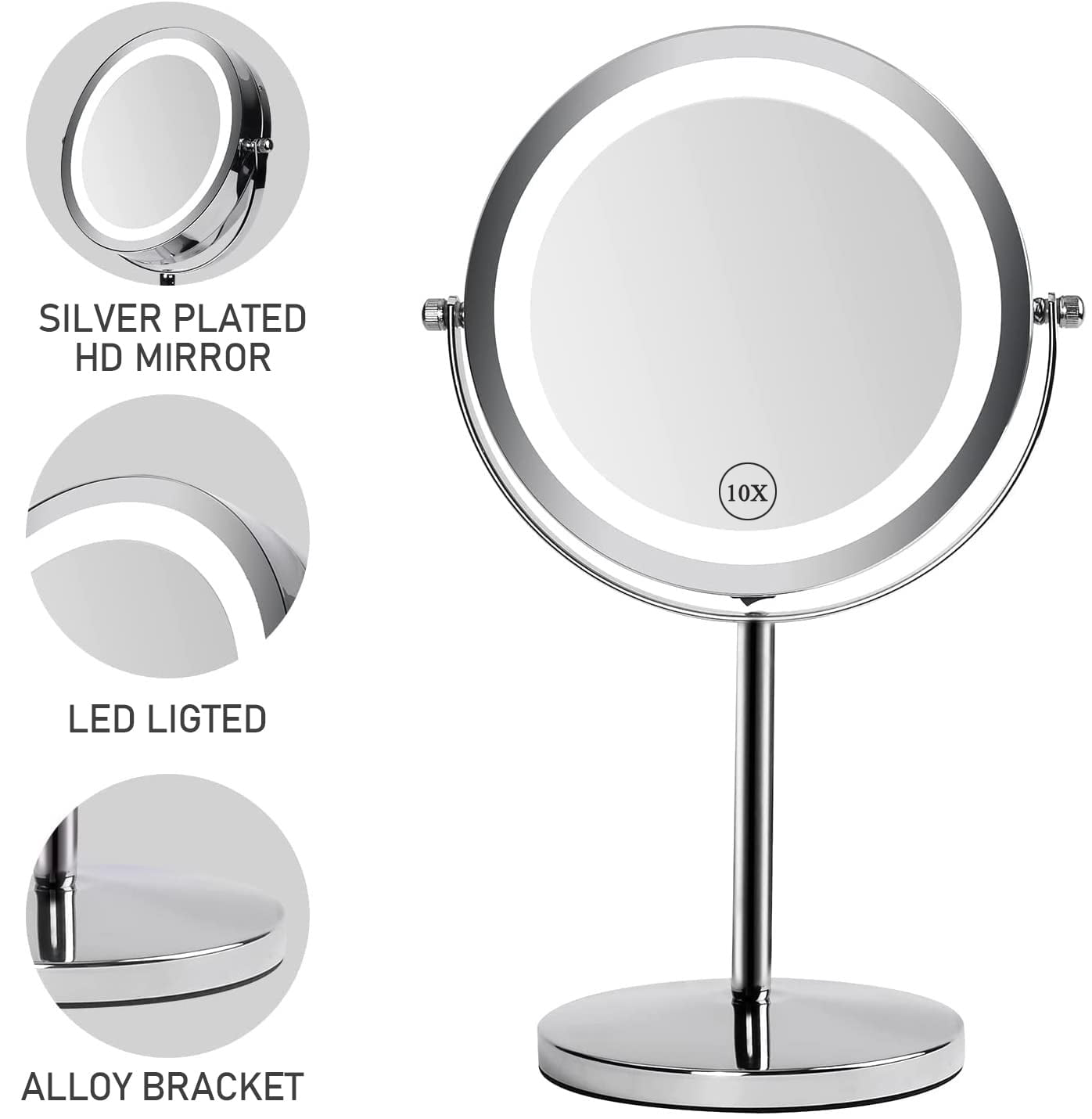 Fixdono Lighted Makeup Mirror,10X Magnifying Mirror with Light, 7 in