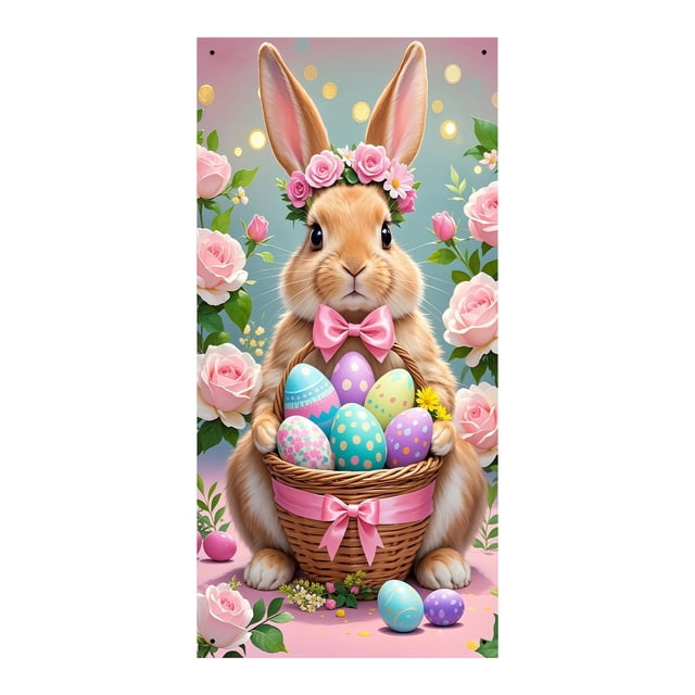 YWIYIUD 1PC Easter Rabbit Door Banner 71x35 Inch Easter Rabbit Door Cover Egg Rabbit Easter Door Banner Accessory Hanging Banner Sign Decoration for Happy Easter Party Decorations