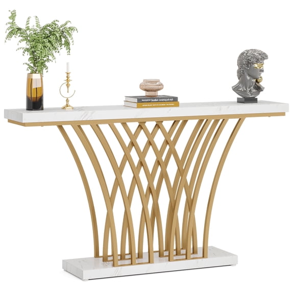 Fnova 59" Modern Console Table, Gold & White Grid Frame Entryway Table with White Faux Marble Top, Long Narrow Sofa Table for Living Room, Hallway