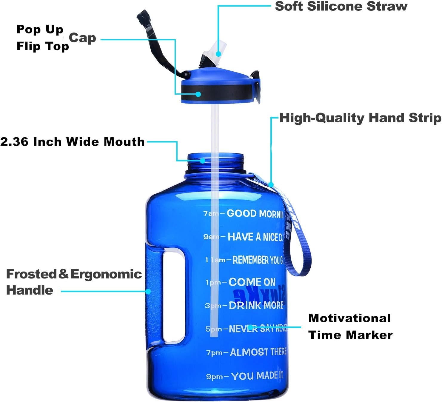 1 Gallon Motivational  Water Bottle with Time Marker,  128oz Leak Proof Jug, Black, Plastic, 128 ounces, Fitness, , Outdoor Activities