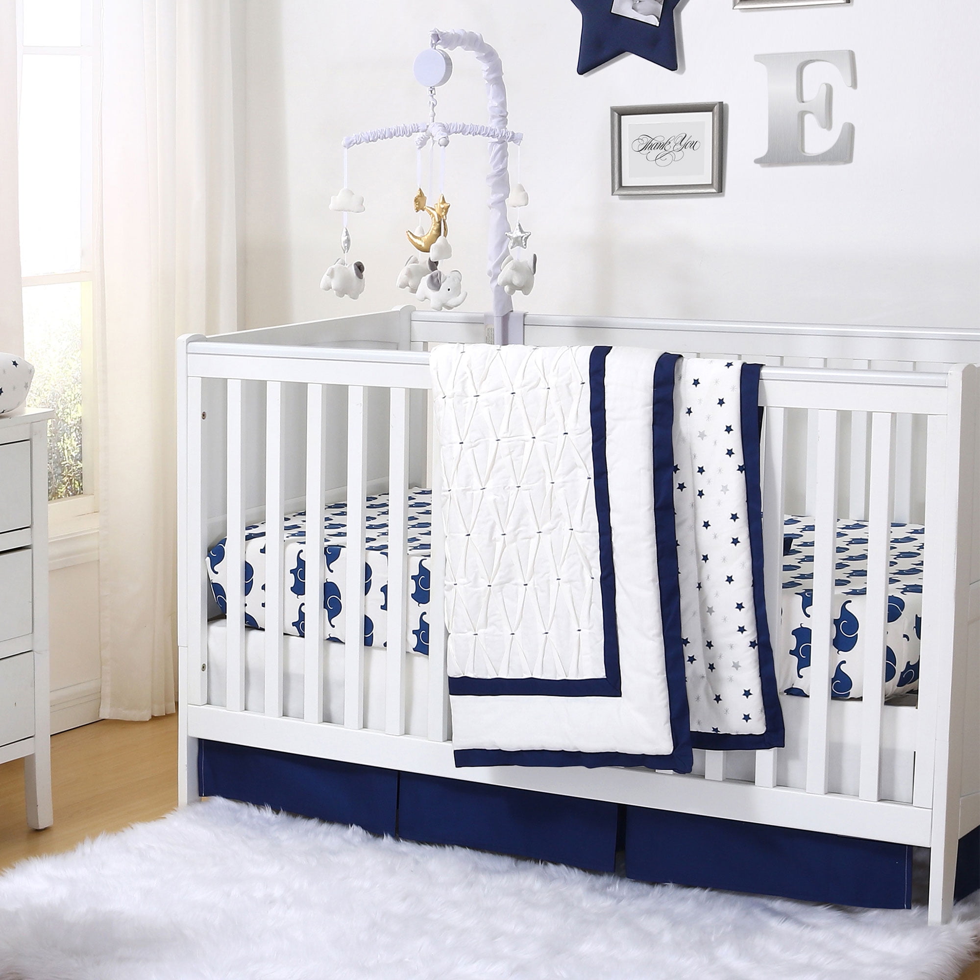 Navy Blue Elephant Pleated 5 Piece Crib Bedding Set By The Peanut