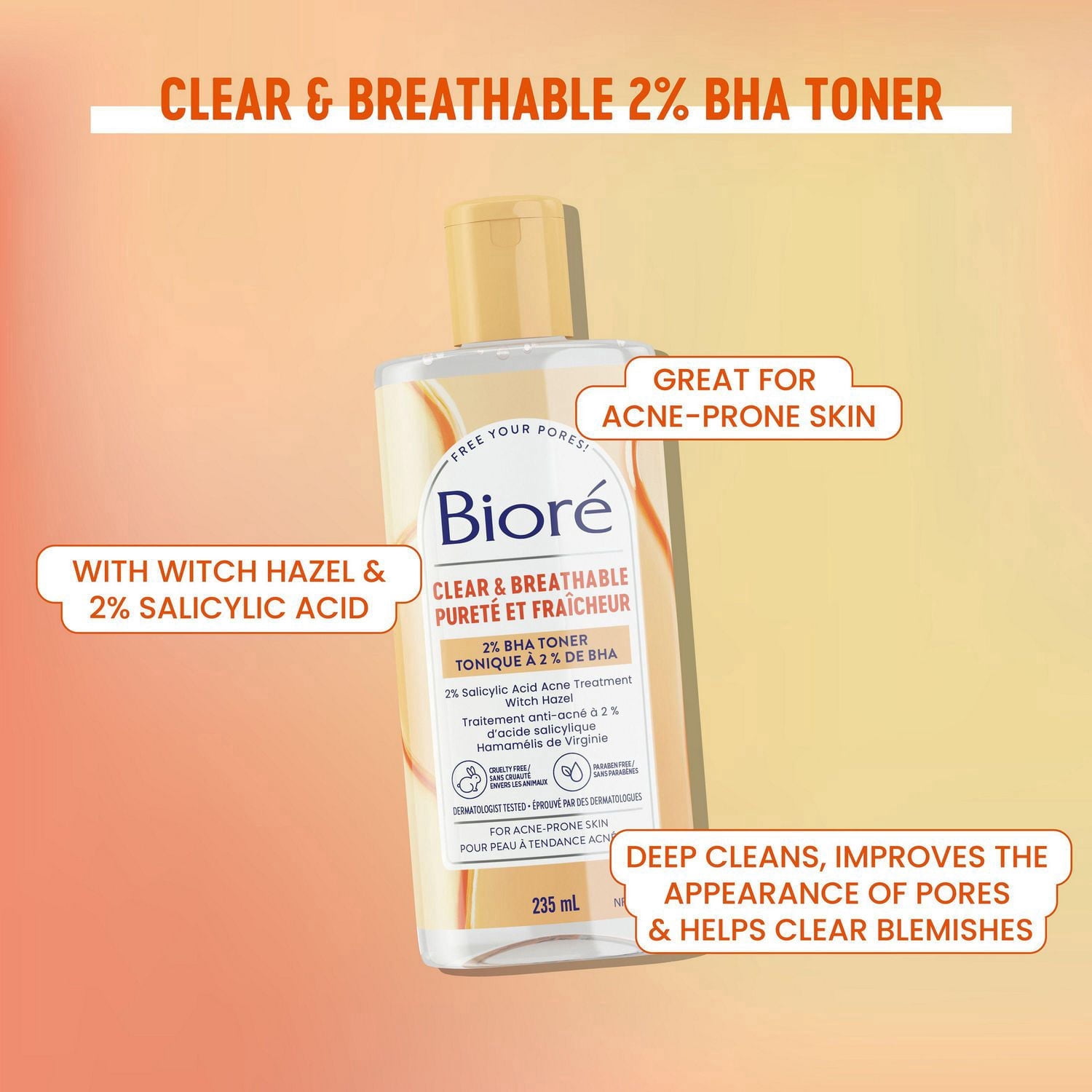 Bioré Pore Clarifying Toner with Witch Hazel, Salicylic Acid Facial Skin Care for Acne Prone Skin, 235mL