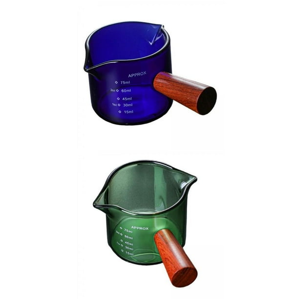 2 Tazas Medidoras de Vidrio Espresso con Mango de Madera, Tazas para Medir Bebidas en Onzas , Azul+Verde