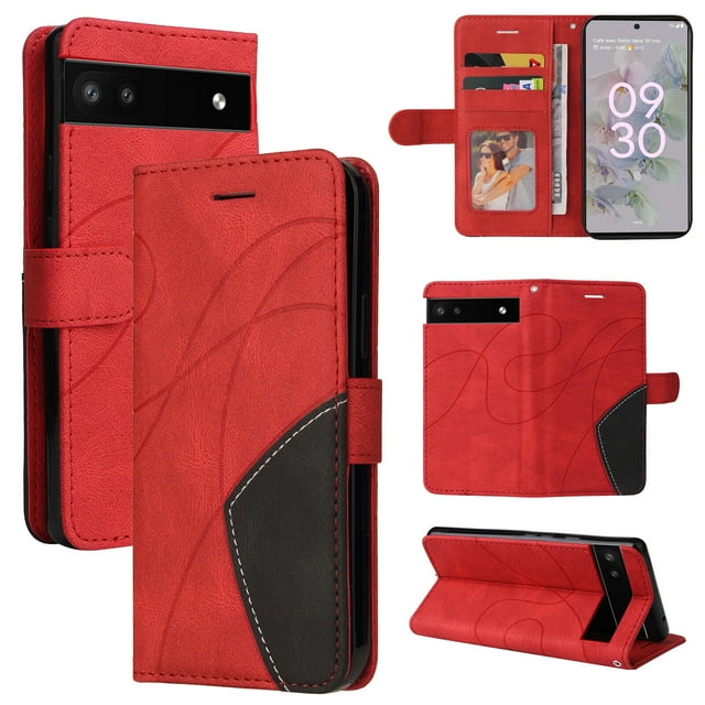 Compatible Google Pixel 6A Case, Leather Wallet Case Stand View Magnetic Clasp Book Flip Folio Phone Cover - Red