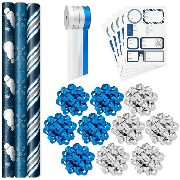 Hallmark Navy Blue Christmas Wrapping Paper Set (90 sq. ft. ttl, 10 Bows, 4 Ribbon Colours, 40 Gift Tag Stickers) Snowman, Stripes, Snowflakes