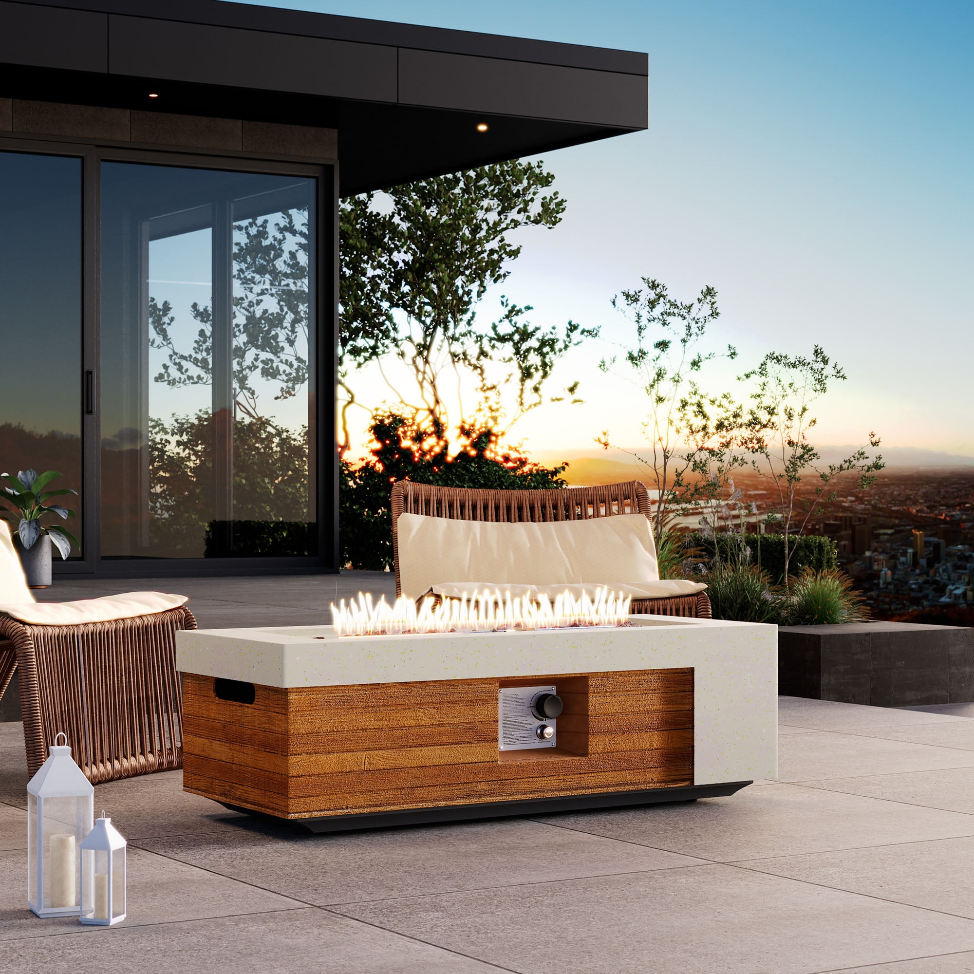 MOALCOFER 42" Rectangle Outdoor Propane Gas Fire Pit Table,Concrete Design with Cover&Lava Rocks