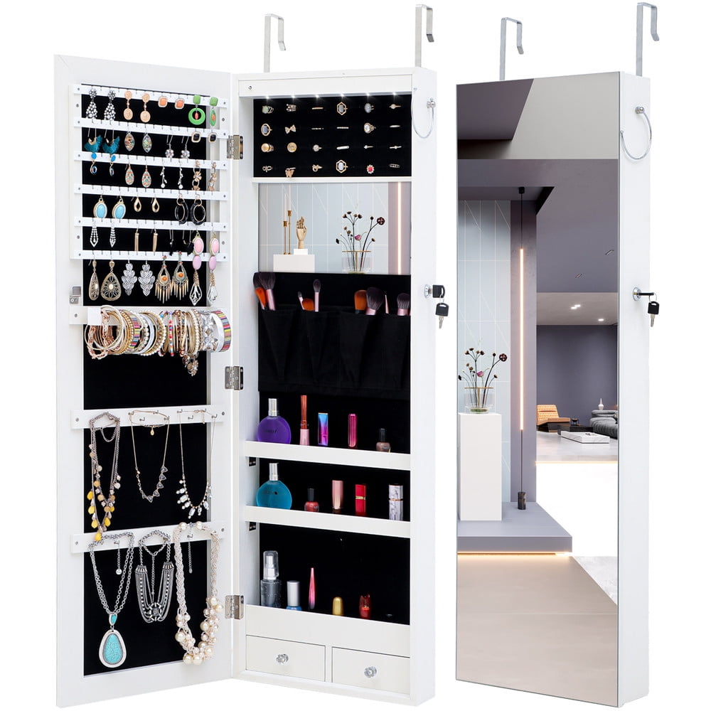 Full Screen Mirrored Jewelry Organizer with Lock Internal Led