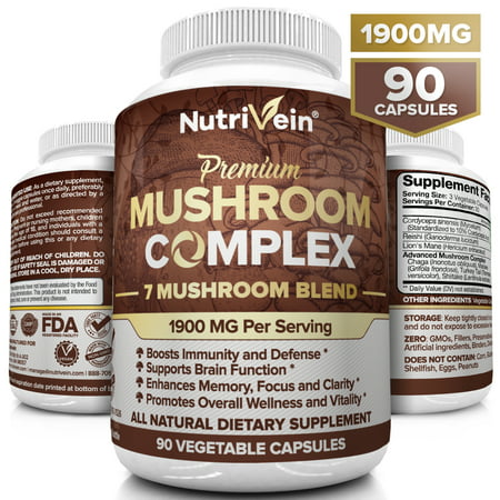 Nutrivein Mushroom Supplement 1900mg - 90 Capsules - 7 Blend Lions Mane, Cordyceps, Chaga, Reishi, Turkey Tail, Maitake, Shiitake - Immune System & Nootropic Brain Booster Complex for Energy &