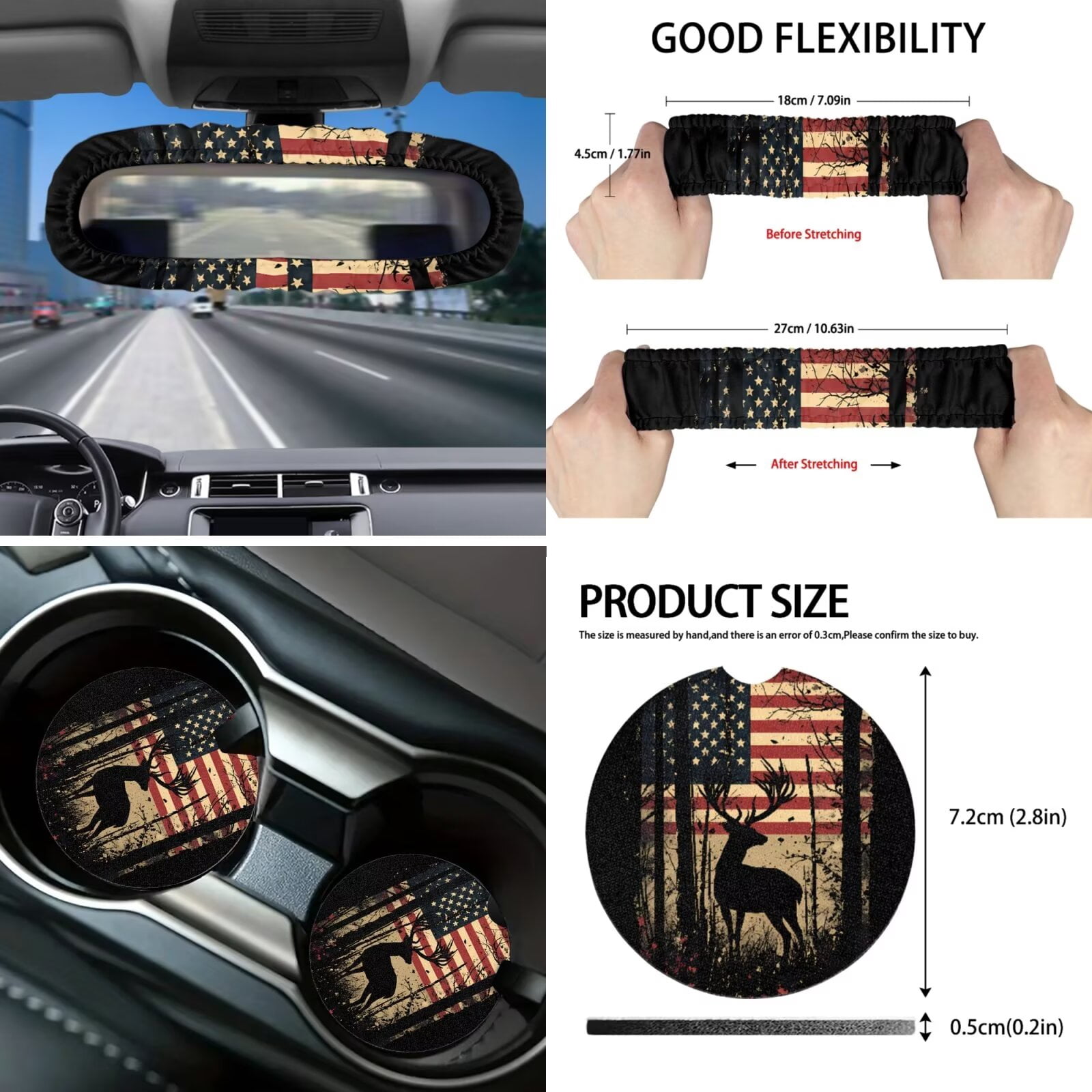 Garronmavis American Flag Deer 16 Pcs Car Accessories Set Car Seat Belt Pads Cover Keychain Gear Shifting Knob Cover Cup Mats Front Window Sunshade Rearview Mirror Cover Decorative Accessories