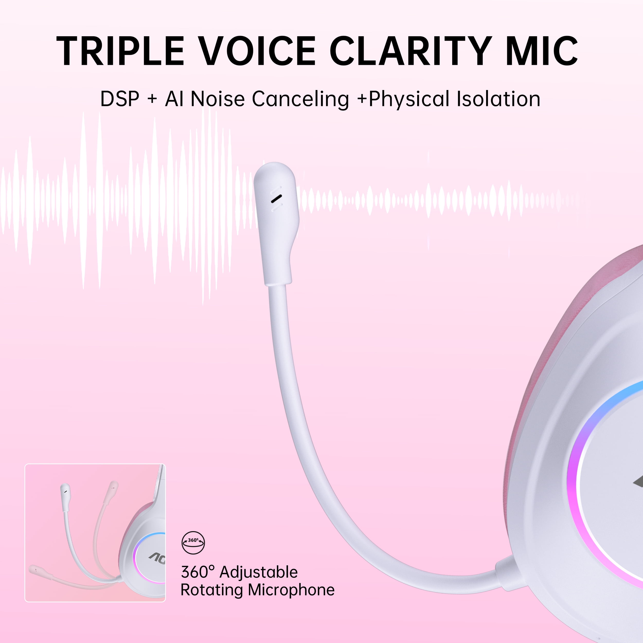 AOC Wireless Gaming Headset 2.4GHz for PS5/PS4/PC/Switch/Xbox - Bluetooth 5.3 Headphones with 7.1 Surround Sound, RGB Lights, Pink