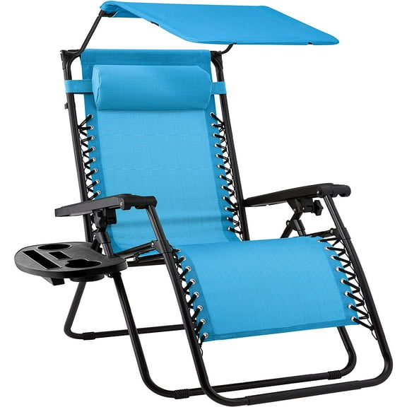 YEXJ Folding Zero Gravity Outdoor Recliner Patio Lounge Chair w/Adjustable Canopy Shade, Headrest, Side Accessory Tray, Textilene Mesh-1-Light Blue