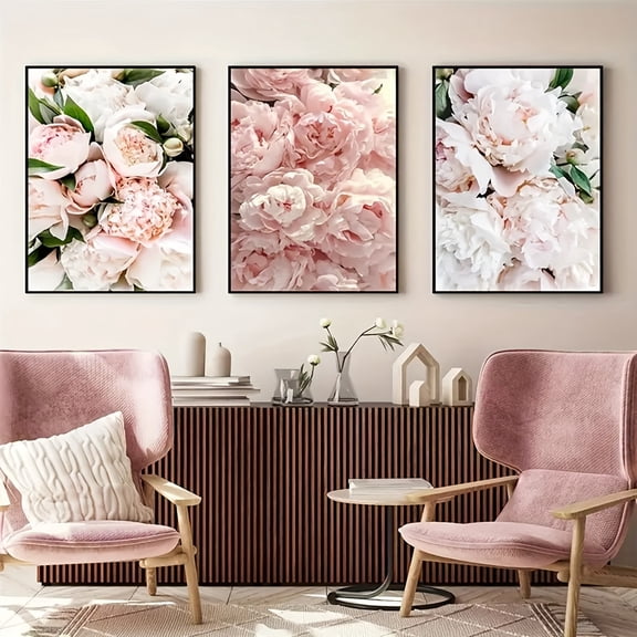 3pcs Unframed Canvas Poster, Pink Peony Flowers Painting, Canvas Wall Art, Artwork Wall Painting For Gift, Bedroom, Office, Living Room, Cafe, Bar, Wall Decor, Home And Dormitory Decoration