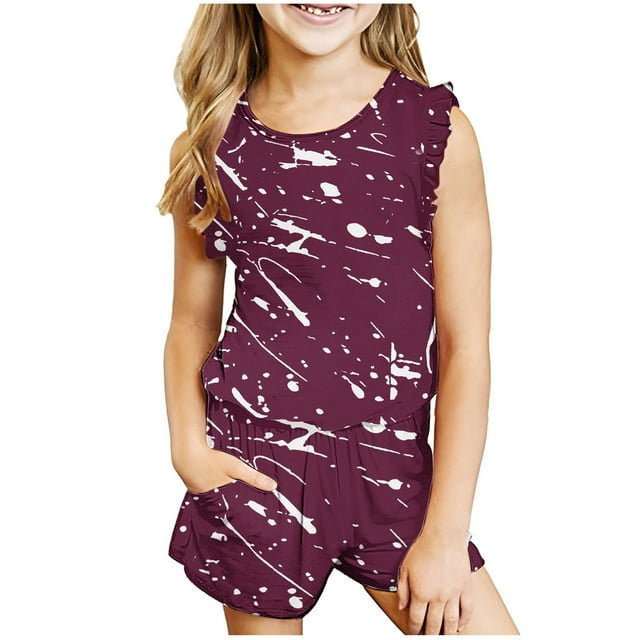 TopLLC Ensemble Débardeur Col Rond Mode Filles Sans Manches Col Rond Imprimé Short Ensemble Fille