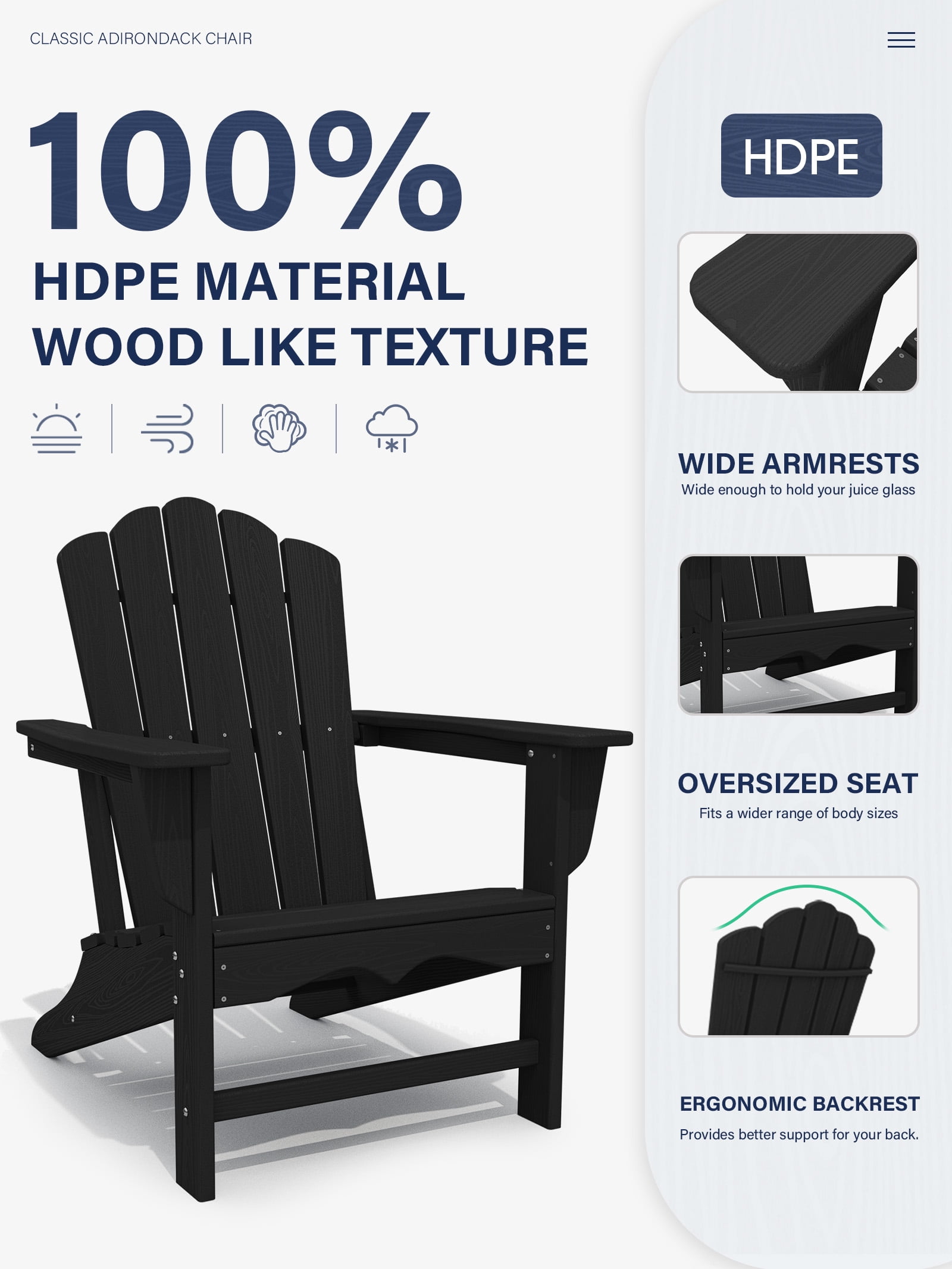 KINGYES HDPE Adirondack Chair, All-Weather Outdoor Fire Pit Chairs for Patio Deck Lawn, Black