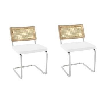 QRInnovations Set of 2, Mid-Century Modern Rattan Backrest Dining Chair - Natural Wood Upholstered Seat with Metal Legs for Home Dining Room Kitchen - White