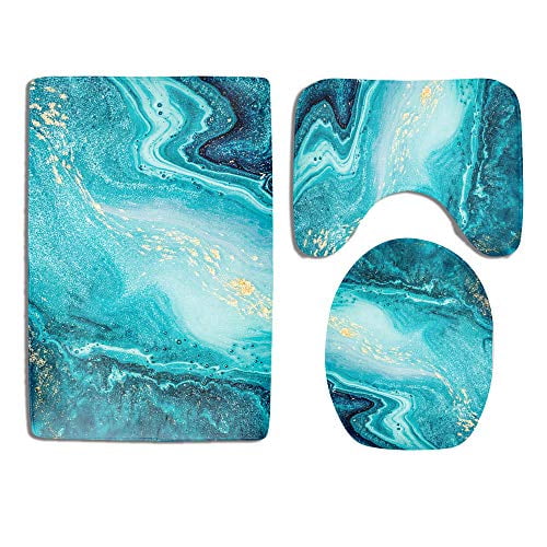 Marble Bathroom Rug Set 3 Piece Luxury Ocean Art Agate Blue Paint Gold