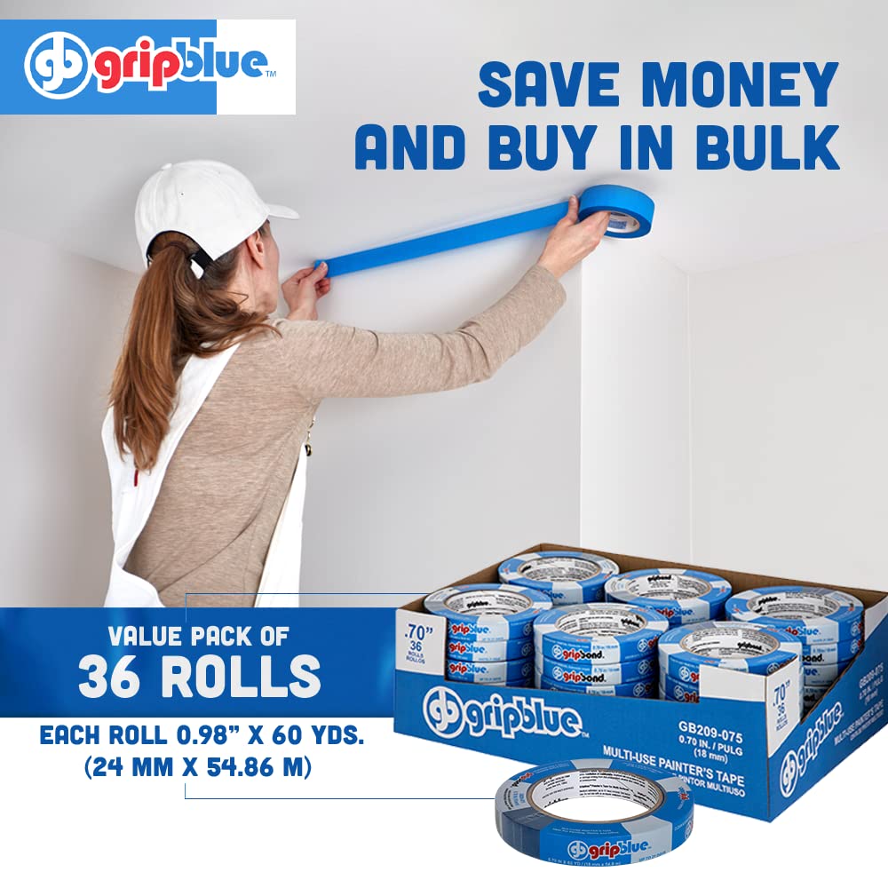 GripBlue Painters Tape 3/4 Inch Wide, 36 Rolls Multi-Surface Masking Tape, 0.70in x 60yds