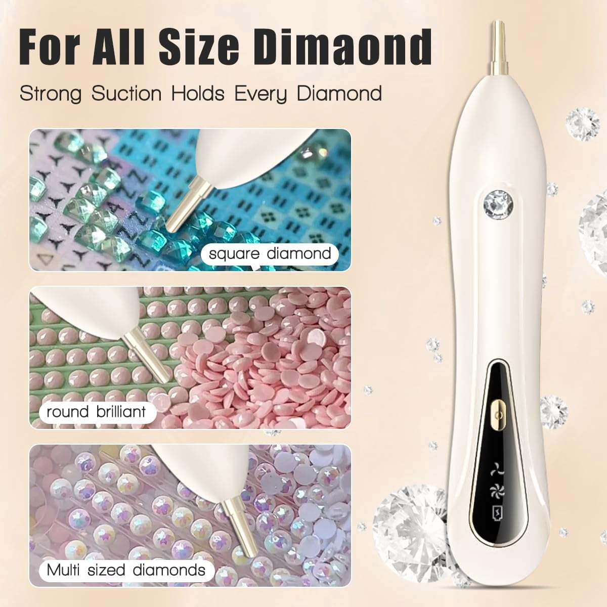 Electric Diamond Painting Pen with Adjustable Suction, Cordless Rechargeable Vacuum Rhinestone & Crystal Picker Tool for Round, Square & AB Drills, Low Noise Pro Diamond Art Accessories