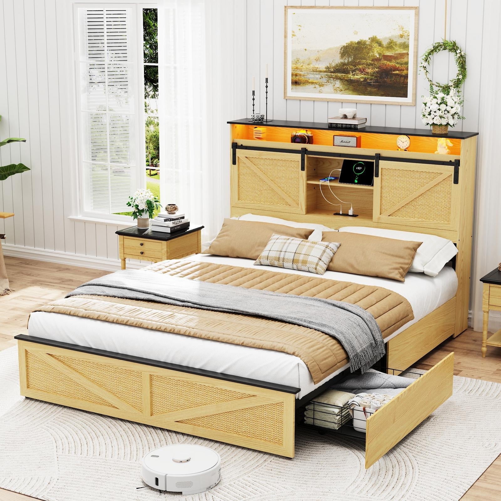 Wood Full Bed Frame with Headboard & Storage Shelf, Holaki Farmhouse Full Size Platform Bed Frame with 2 Drawers, Charging Station & LED Lights, Headboard with Sliding Barn Door, Natural